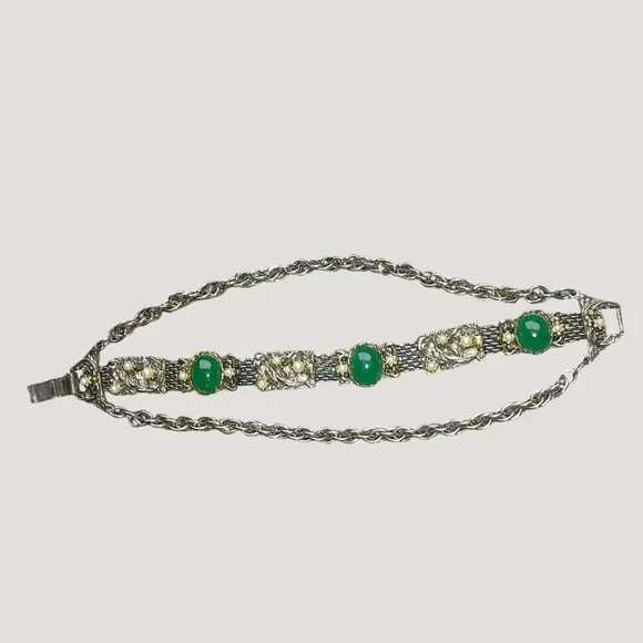Bracelet Green Stone Cabochons Vintage Art Deco Silver Tone Faux Pearl Accents - Picture 2 of 9